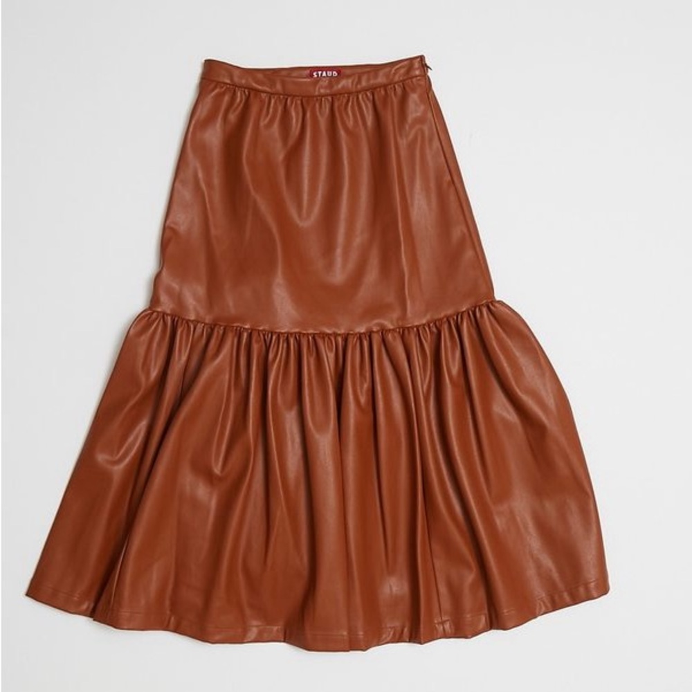 STAUD Vegan Leather Orchid Skirt in Whiskey - Picture 3 of 7